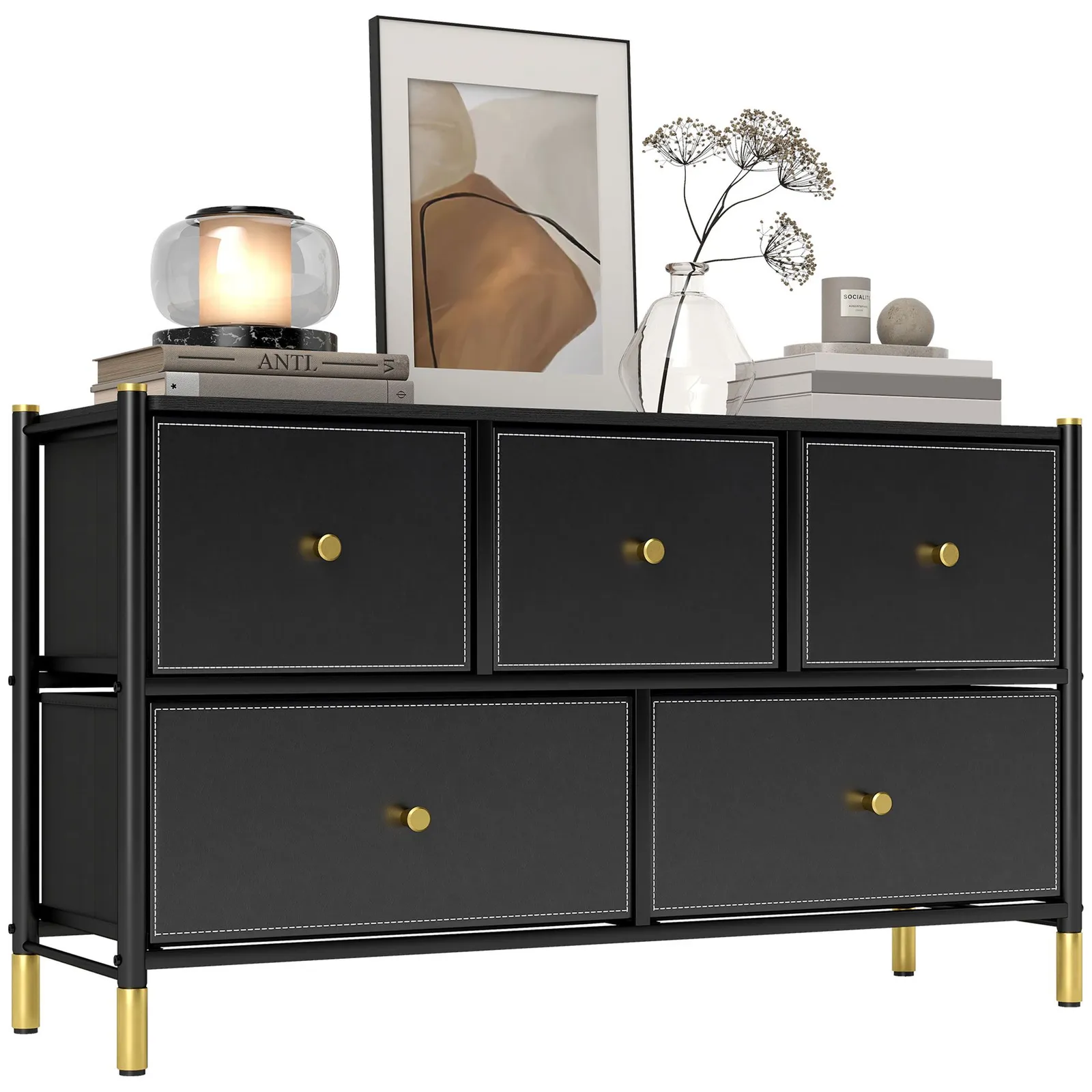 HOMCOM Fabric Chest of Drawers with PU Leather Surface, for Bedroom in Black 2