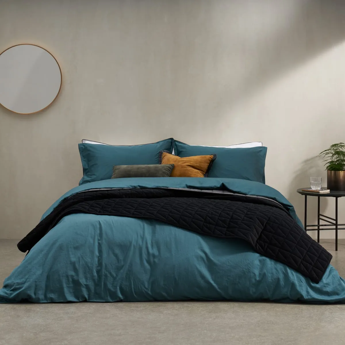 Hylia 100% Washed Cotton Sateen Duvet Cover + 2 Pillowcases, Double, Teal Blue