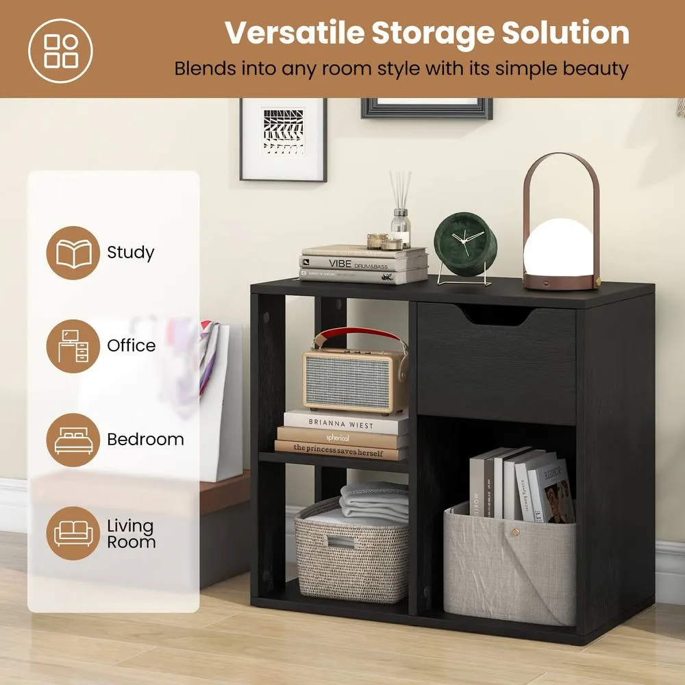 Costway 3-Cube Bookcase 2-tier Wooden Storage Shelf w/ Drawer in Black 5