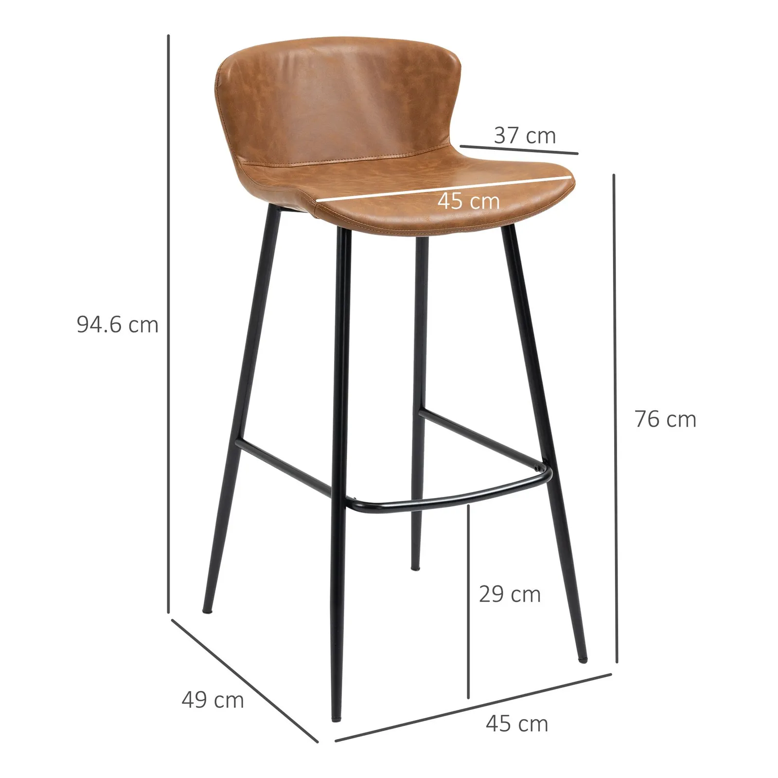 HOMCOM Bar Stools Set of 2 PU Leather Upholstered Kitchen Stools with Back in Brown 3