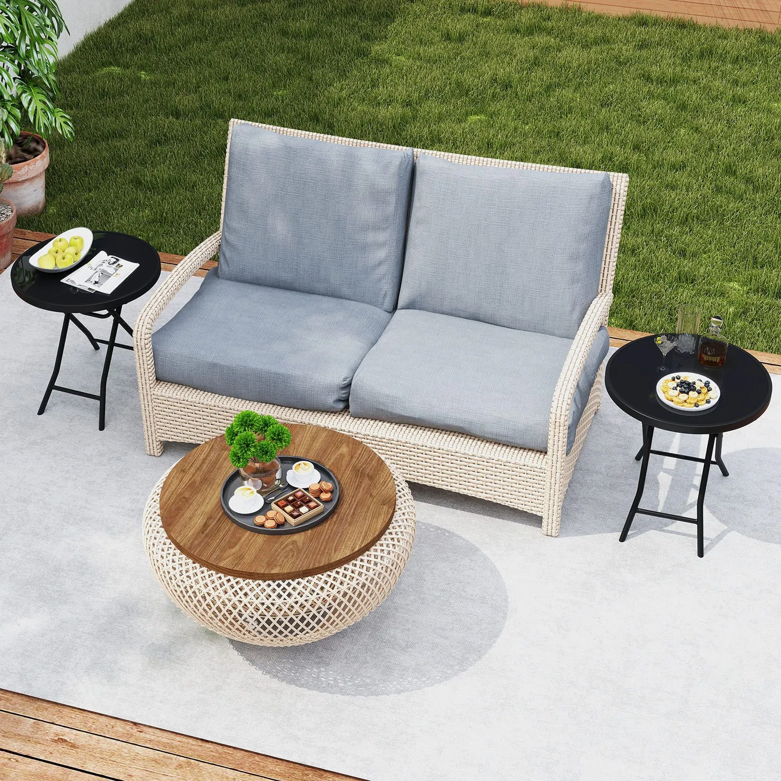 Costway Folding Glass Table Portable Patio Coffee Table w/Footpads-Black in Black 5