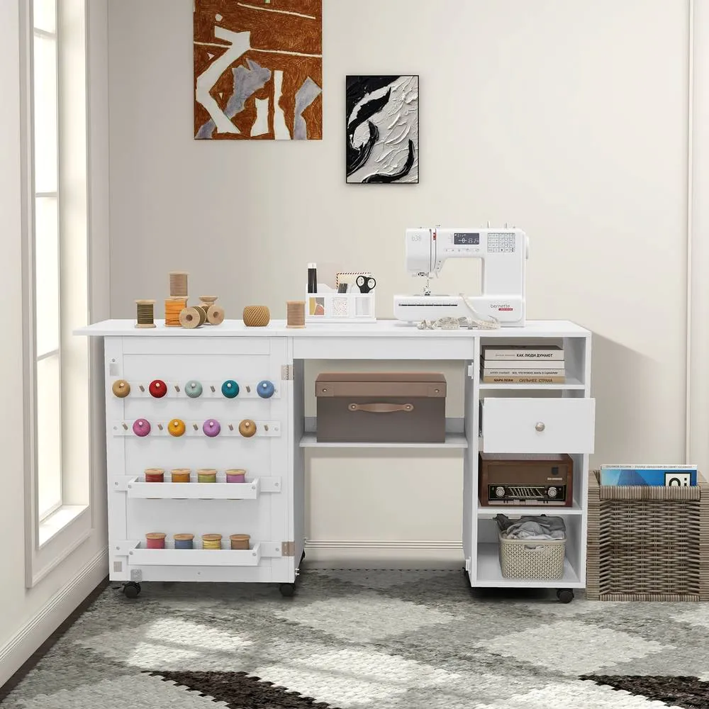 Costway Folding Sewing Table Adjustable Rolling Sewing Craft Desk w/Trays&Pegs in White 3