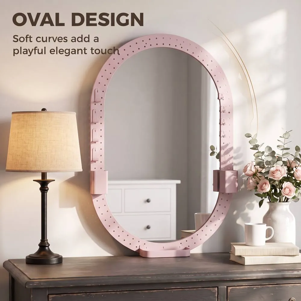 HOMCOM Oval Wall Mirror, 60 x 90 cm, Pegboard Frame, Wall-Mounted in Pink 5