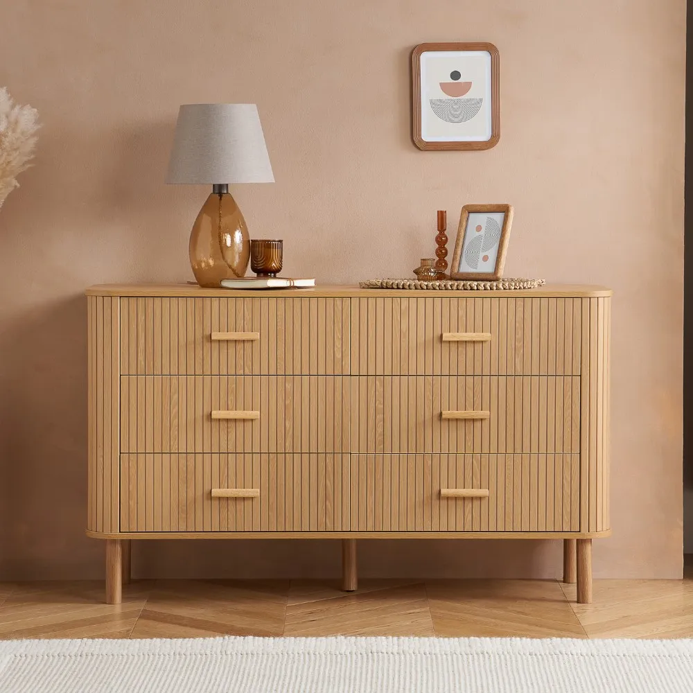 Axel - 6 Drawer Fluted Chest of Drawers - Oak – Wooden – Happy Beds 1