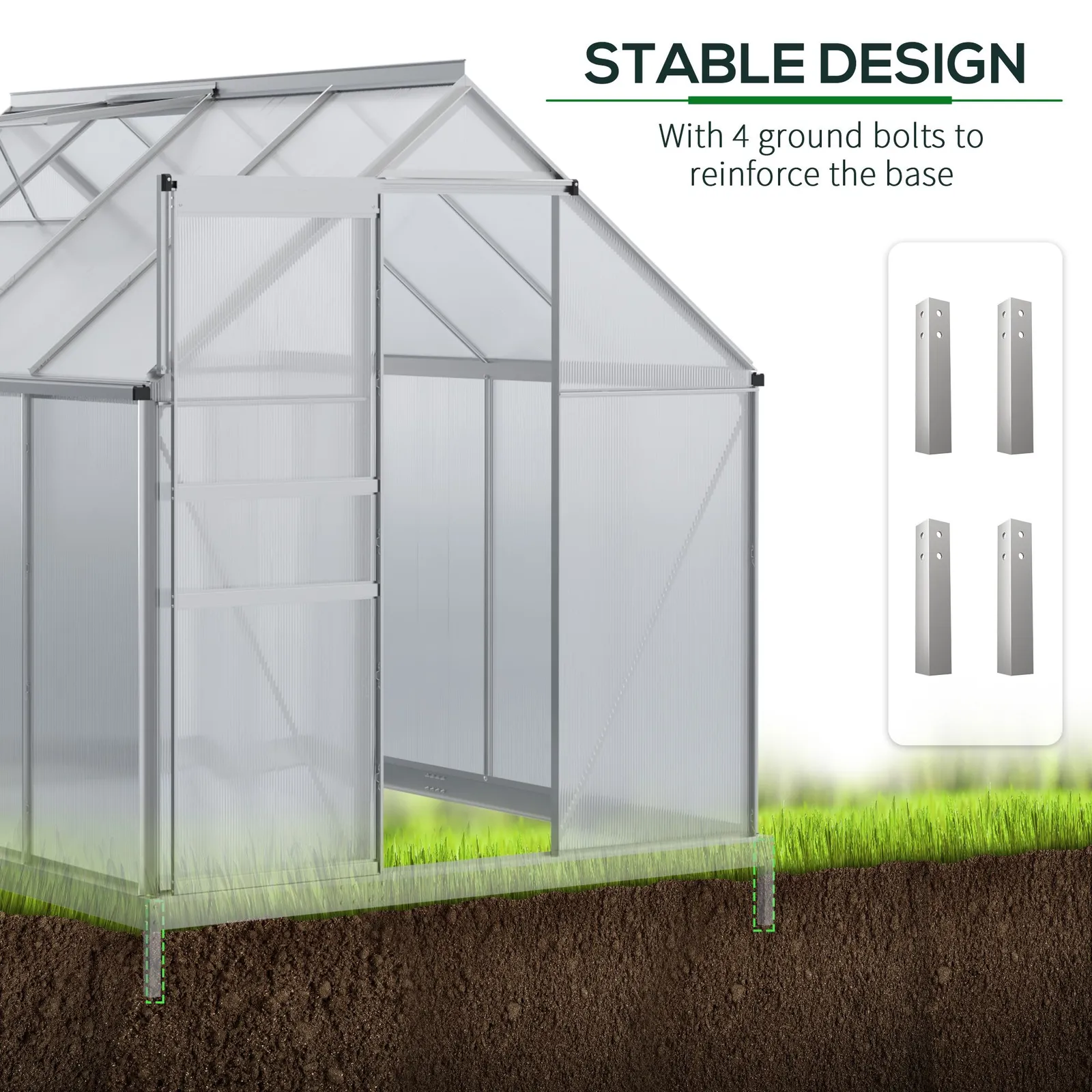OUTSUNNY Polycarbonate Walk-in Garden Greenhouse w/ Sliding Door Silver Tone 6