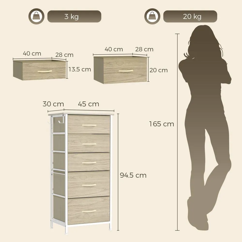 HOMCOM Fabric Chest of Drawers, 5 Drawer Dresser for Bedroom, Natural Wood 3