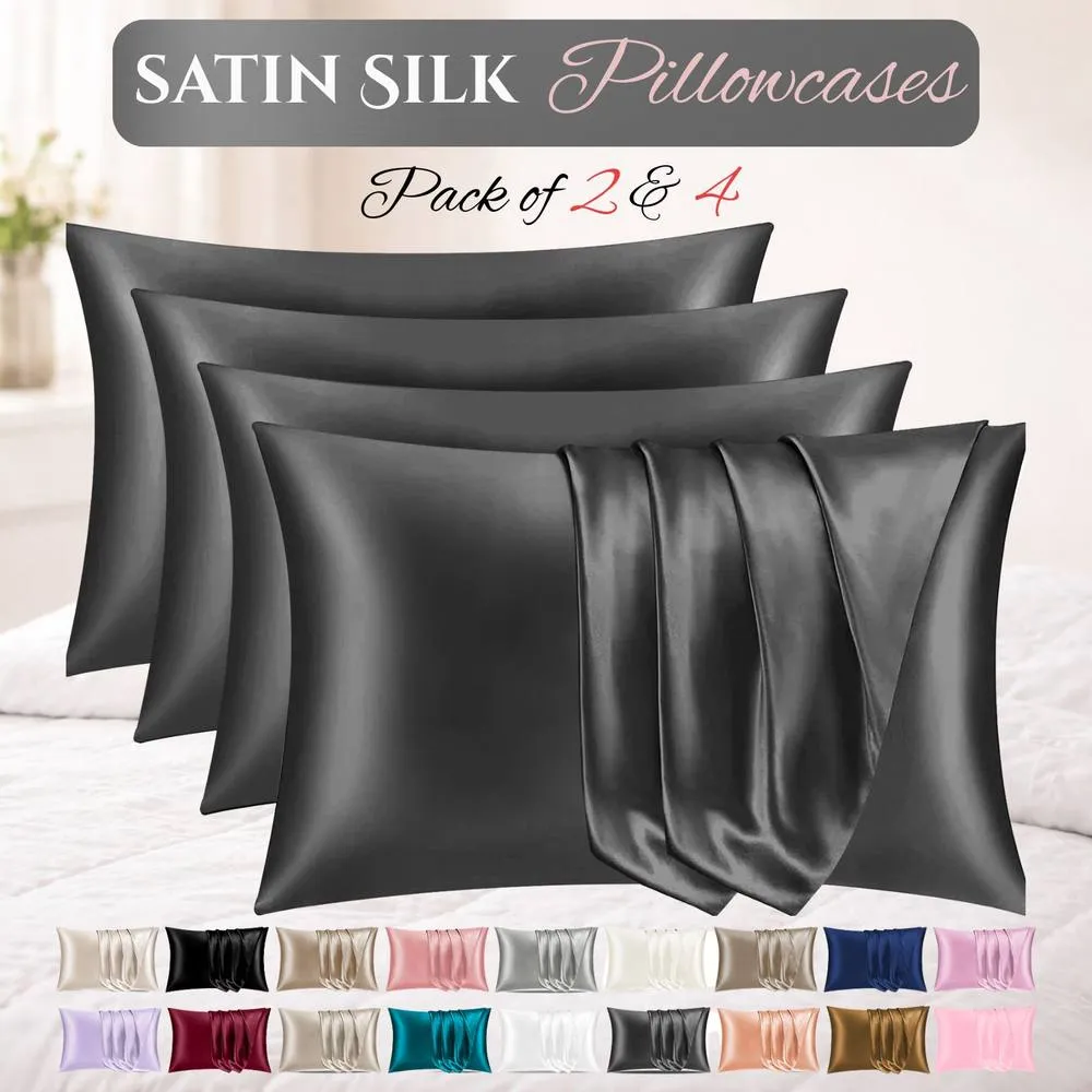 Grace Satin Silk Pillow Cases Pack of 4 Super Soft Smooth Pillow Covers in Charcoal