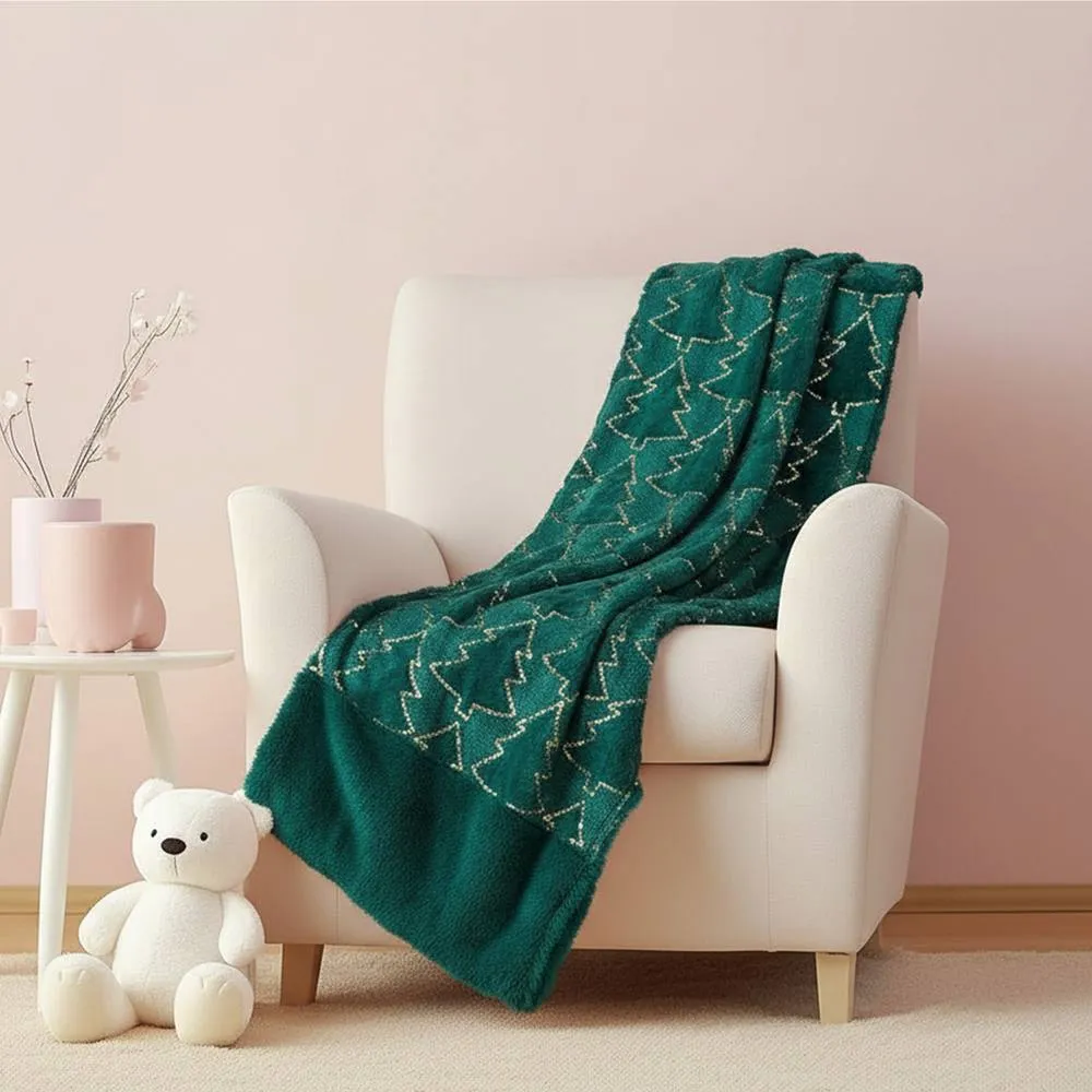 Snug City Christmas Tree Print Throw Blanket Cozy Festive Holiday Decor Gift in Green