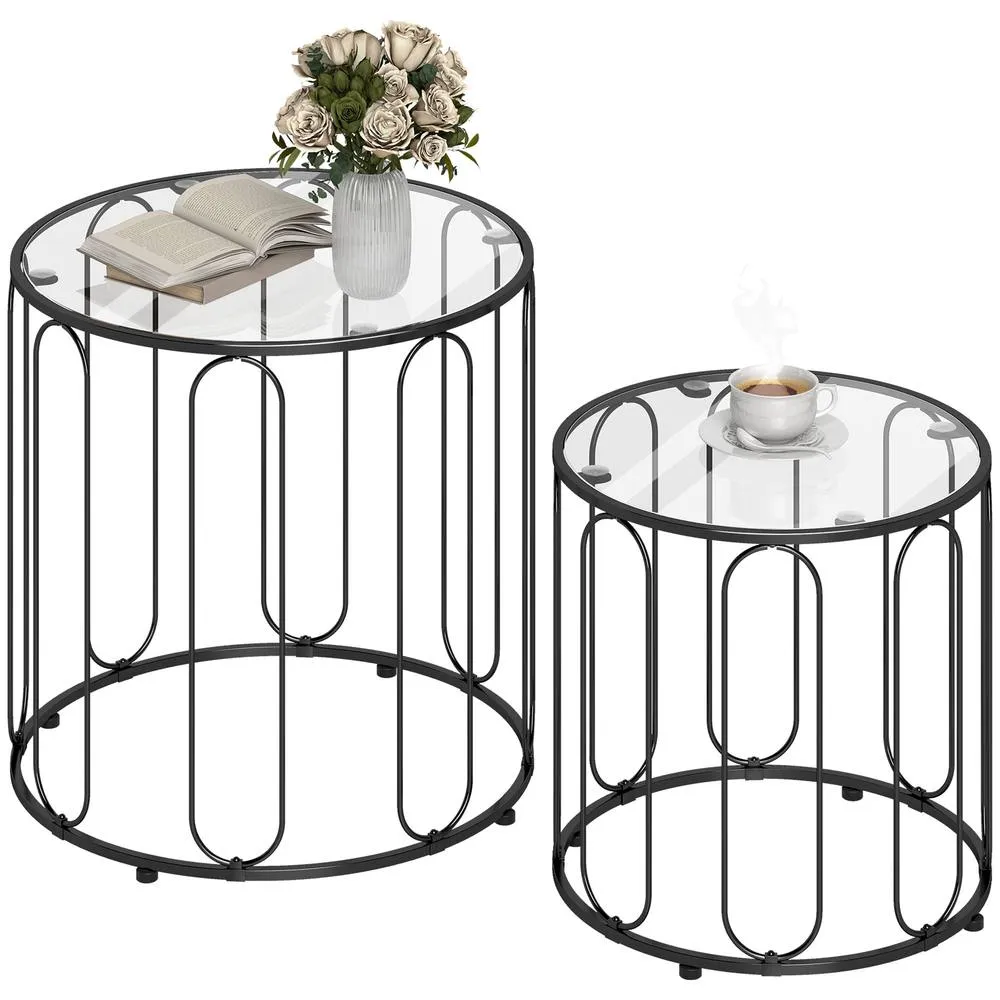 HOMCOM Coffee Table Set of 2, Nest of Tables with Metal Frame, Black 2