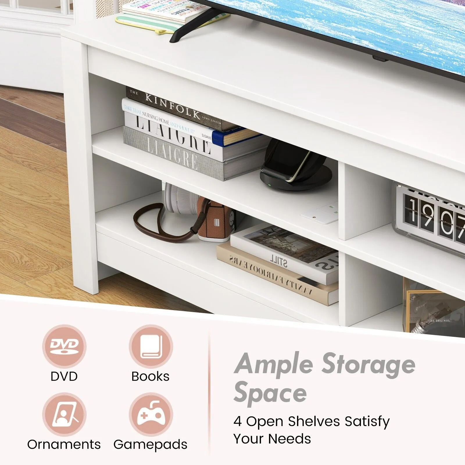 Costway Corner TV Stand with Power Outlet 3-Tier Entertainment Center for 60" TV in White 6