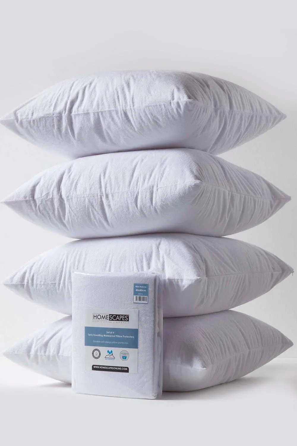 Homescapes Terry Towelling Waterproof Pillow Protectors 80 x 80 cm, Pack of 4 in White