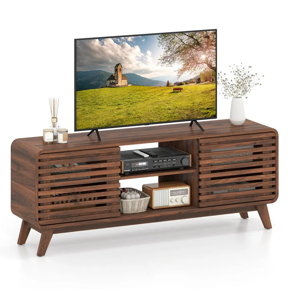 Costway TV Stand for 65" TVs Mid Century Modern Entertainment Center in Brown 1