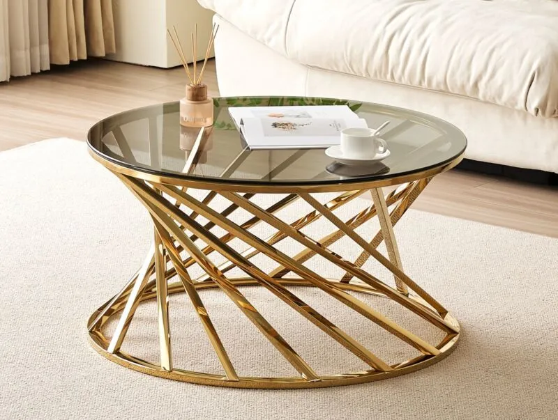 Comfy Living Ltd Round Geometric Design Metal Coffee Table With Tinted Glass Tempered Top in Gold 1