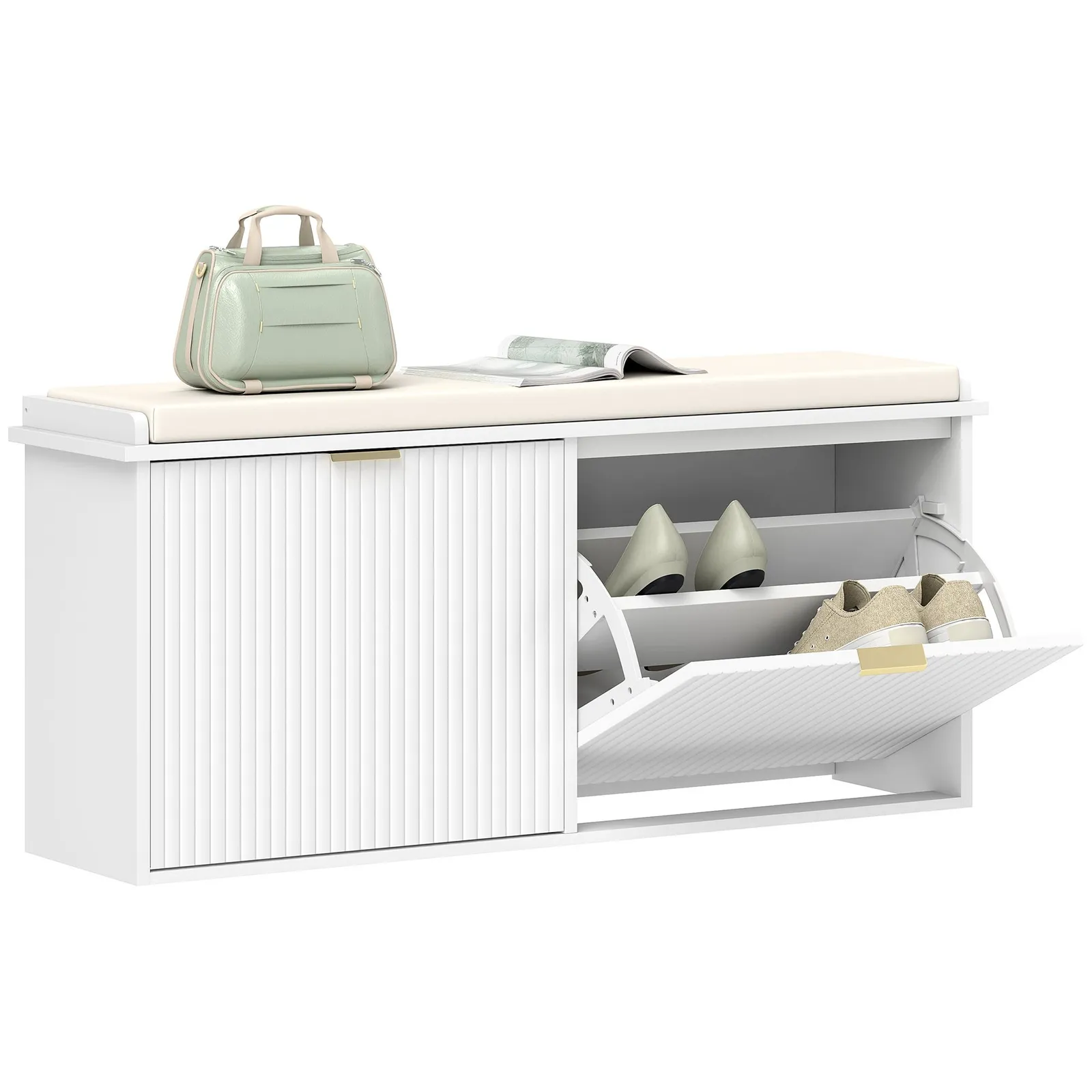 HOMCOM Shoe Storage Bench with Cushion & Flip-Drawer 104x26x47.5cm in White 2