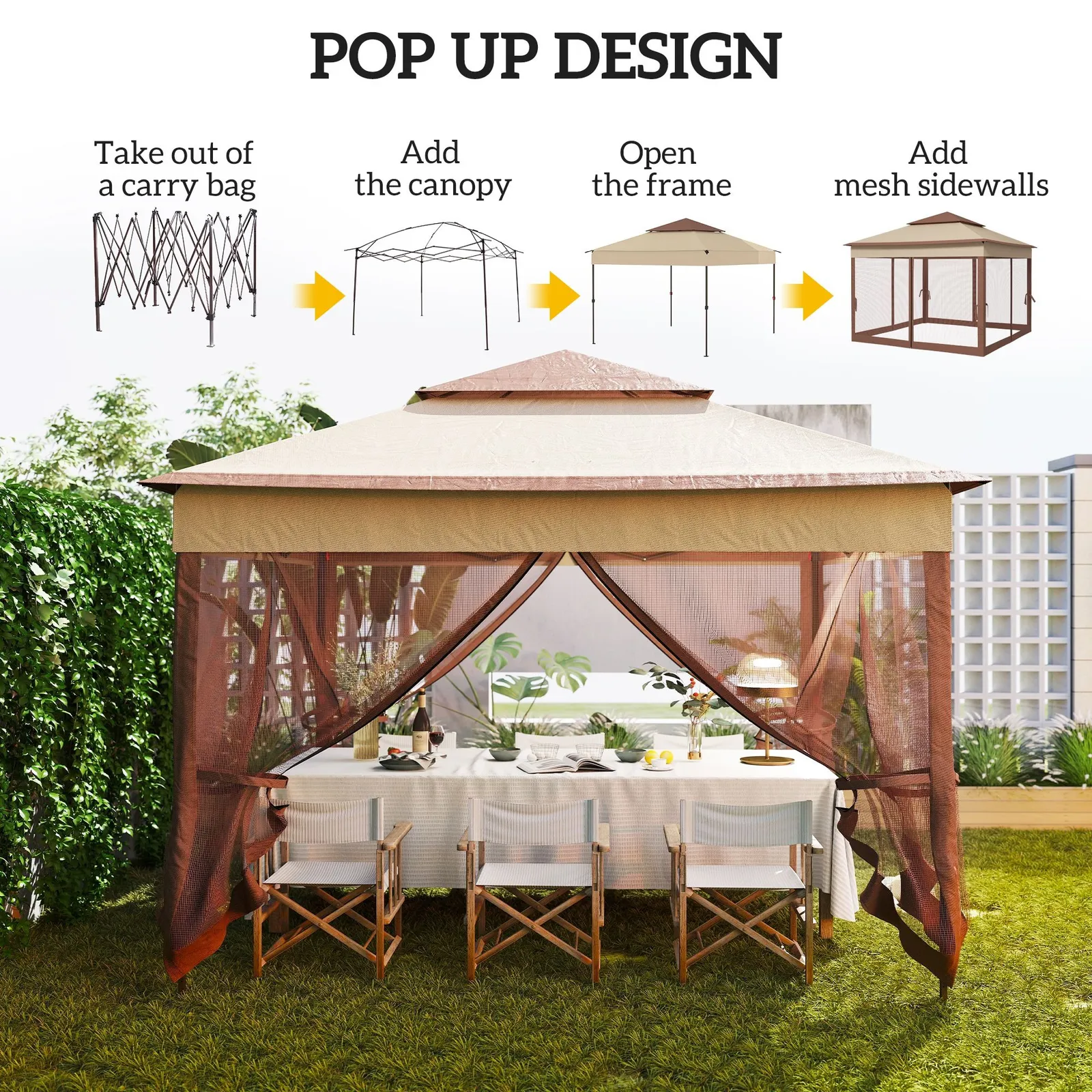 OUTSUNNY Garden Folding Tent Heavy Duty Pop Up Gazebo for Party in Khaki 4