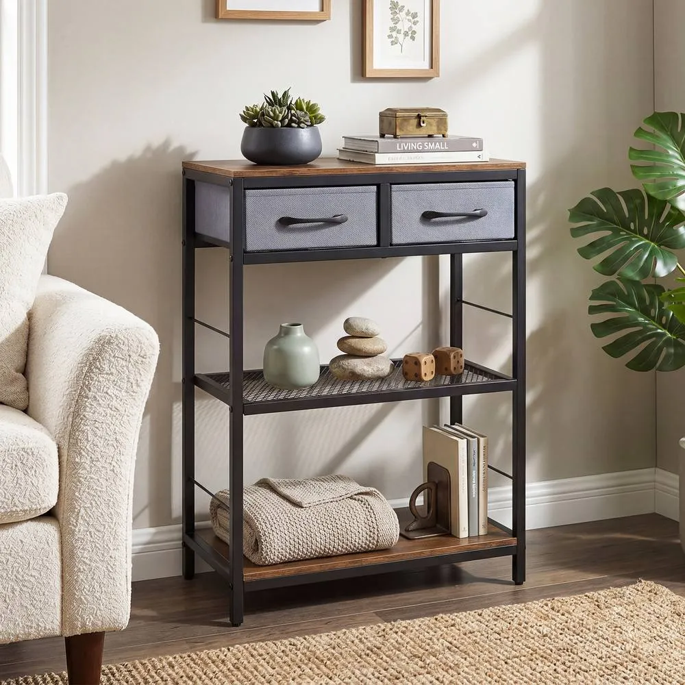 Costway Narrow Console Table w/ 2 Fabric Drawers 3-Tier Table Storage Rack in Brown 4