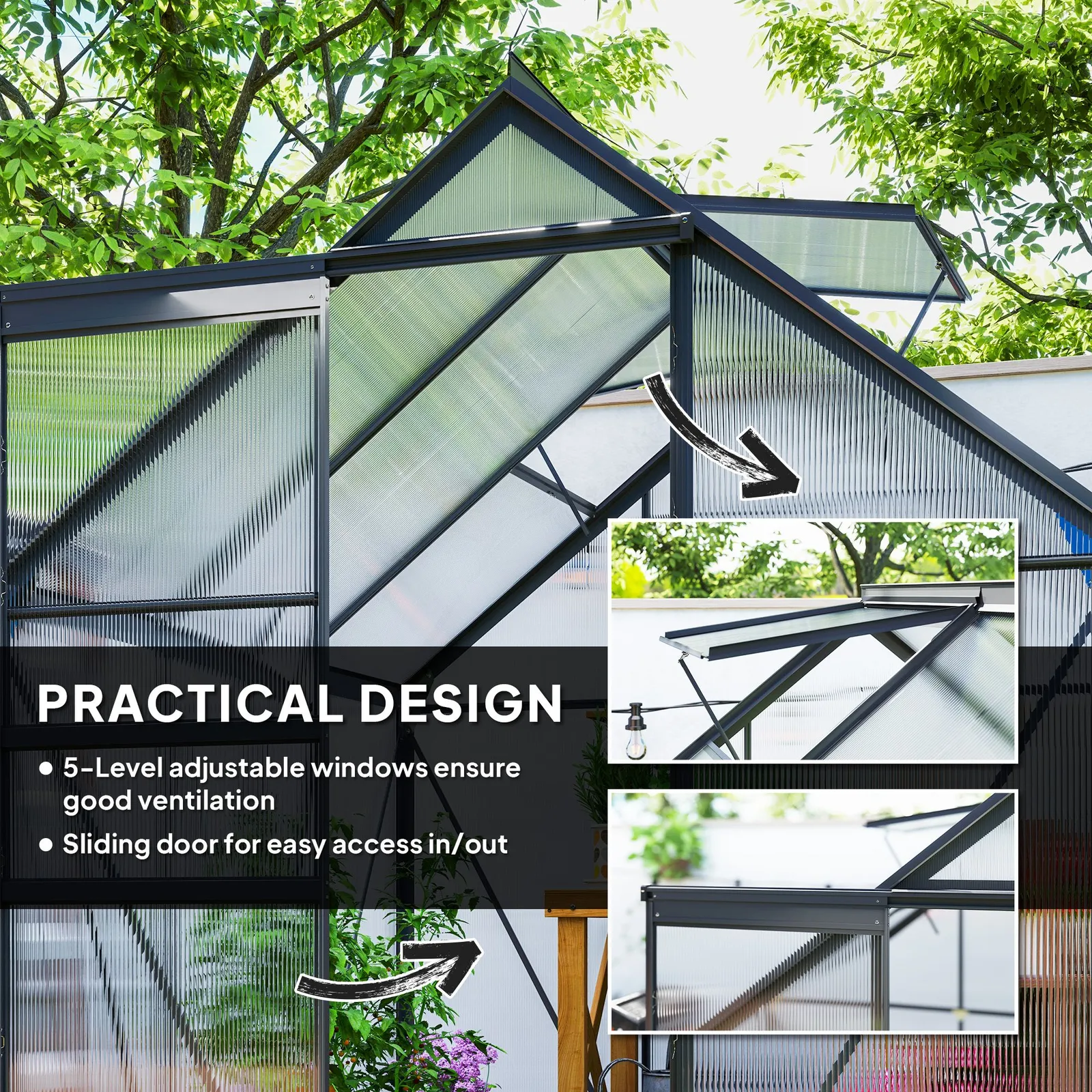 OUTSUNNY Polycarbonate Walk-in Garden Greenhouse w/ Sliding Door Grey 6