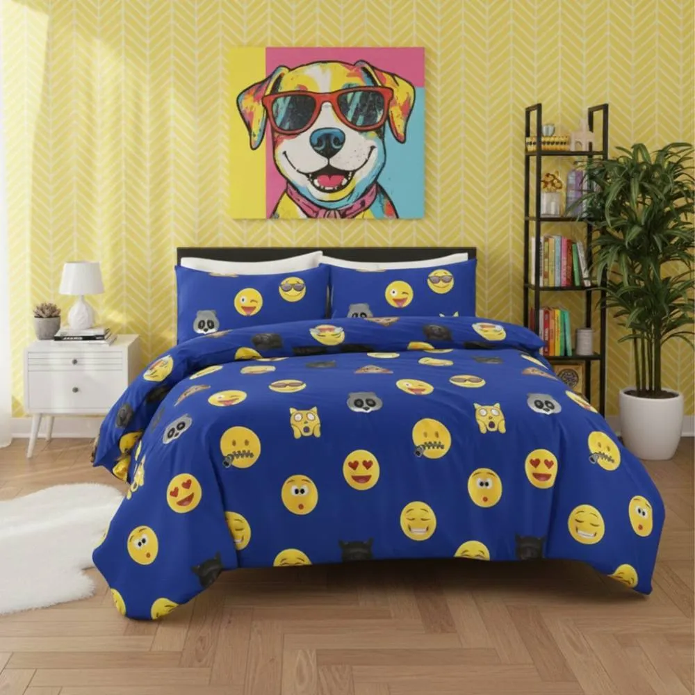 Snug City Emoji Print Duvet Cover Set Cool Playful Bedding with Pillowcases in Blue