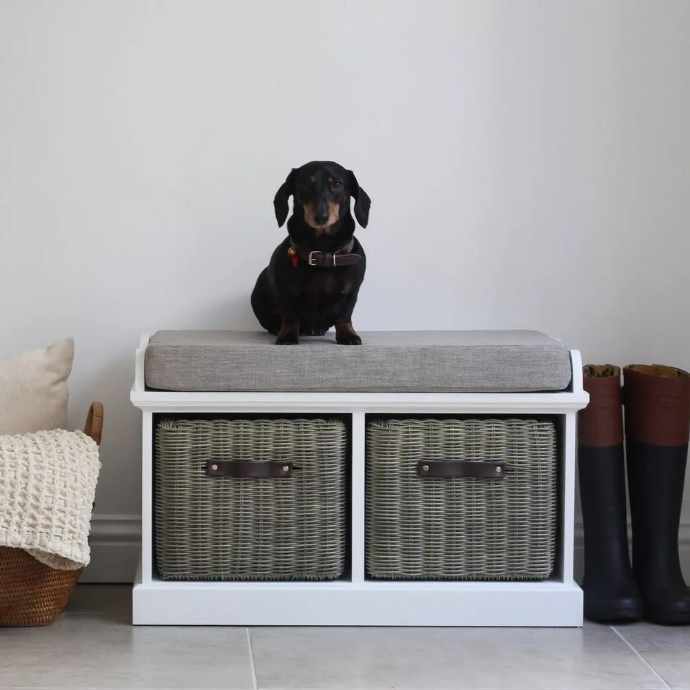 Statement Furniture Tetbury Bench with 2 Grey Faux Rattan Baskets & Grey Cushion in White