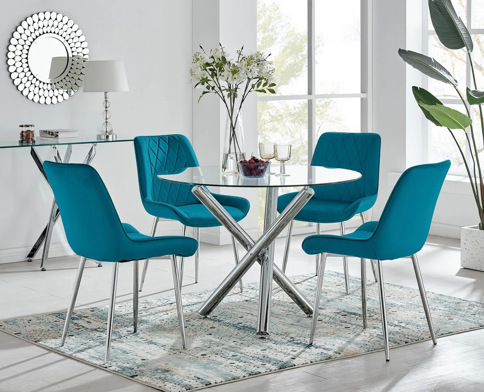FurnitureboxUK Selina Round Glass Chrome Leg Dining Table & Pesaro Silver Leg Chairs in Blue 1