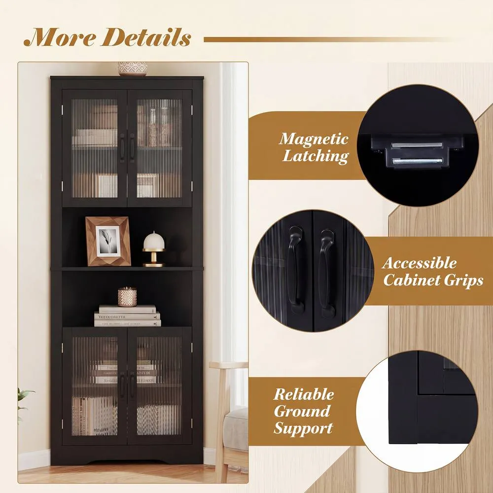 Costway 6-Tier Corner Storage Cabinet 170cm Tall Corner Hutch w/ 4 Glass Doors in Black 6