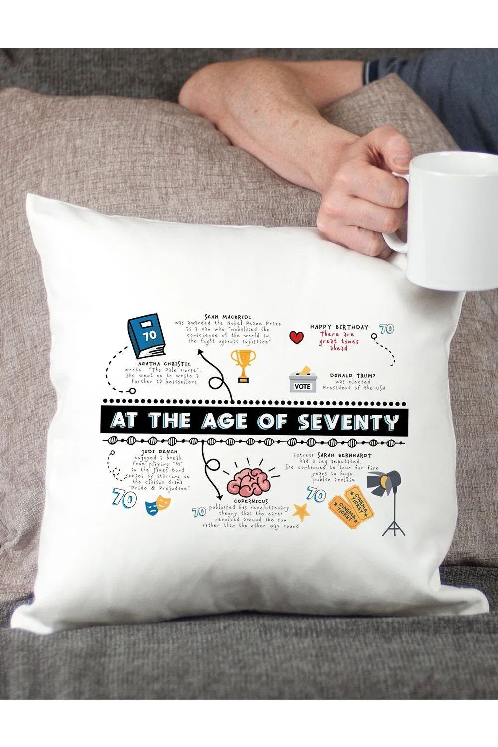 Afewhometruths 70th Birthday Fun Facts Cushion Gift in Off-White