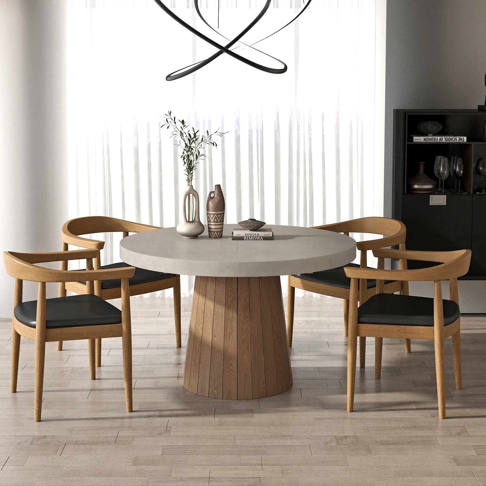 Extendable Dining Table Set 39"-55" Japandi Gray Dining Table & 6 Walnut Wood Dining Chairs