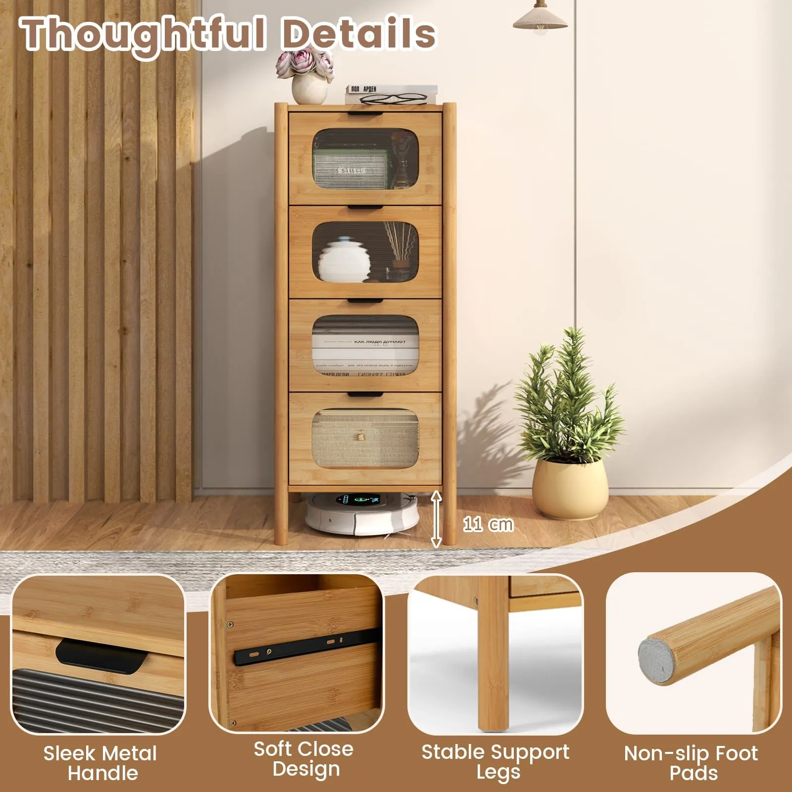 Costway 4-Drawer Dresser Bamboo Storage Cabinet w/Tempered Glass Drawers in Natural 3