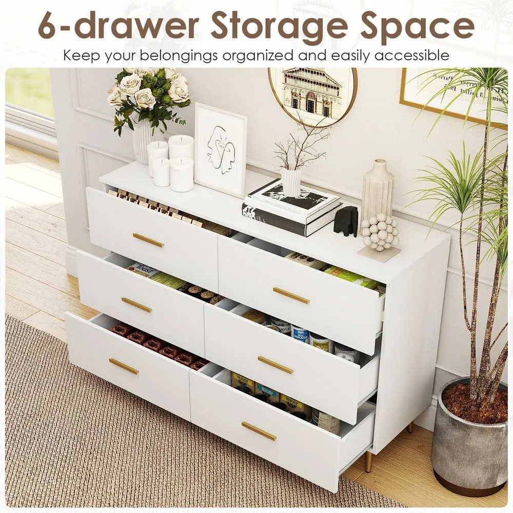 Costway Modern 6 Drawer Dresser Wooden Wide Chest of Drawers in White 4