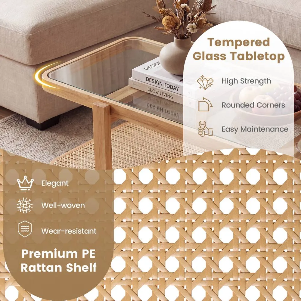 Costway 2-Tier Coffee Table w/ PE Rattan Shelf Table w/ Glass Tabletop in Brown 6