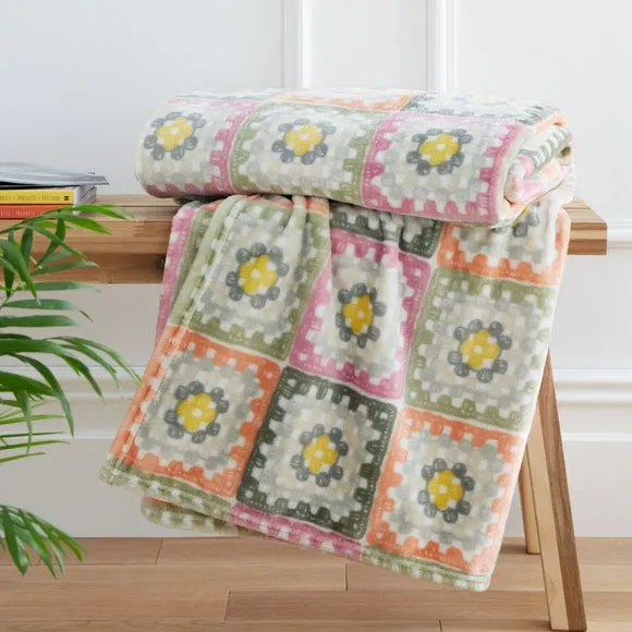 Catherine Lansfield Crochet Print Fleece Throw Blanket 130cm x 170cm