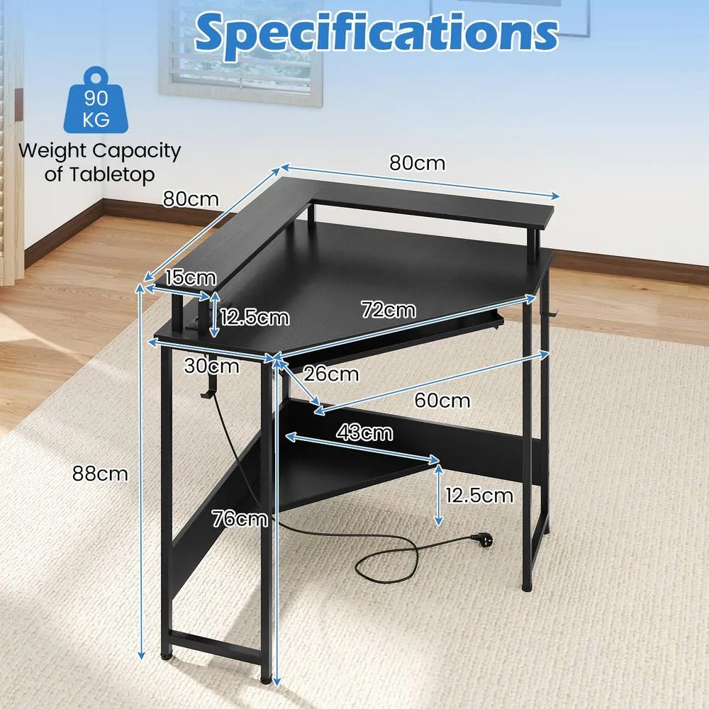 Costway Corner Desk Charging Station Home Triangle Gaming Desk LED in Black 2