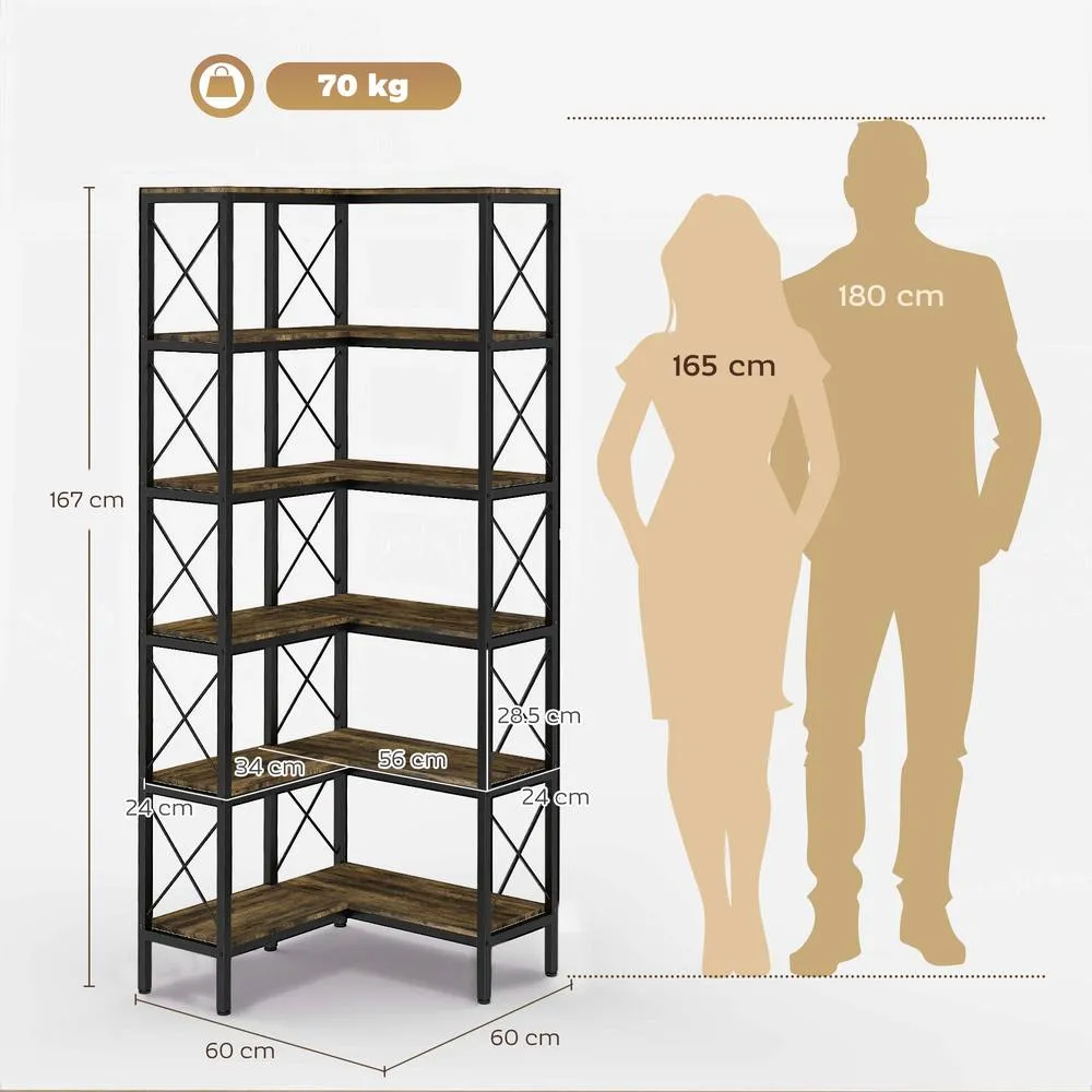HOMCOM L-Shaped Bookshelf, 5-Tier Bookcase with Metal Frame, Rustic Brown 3
