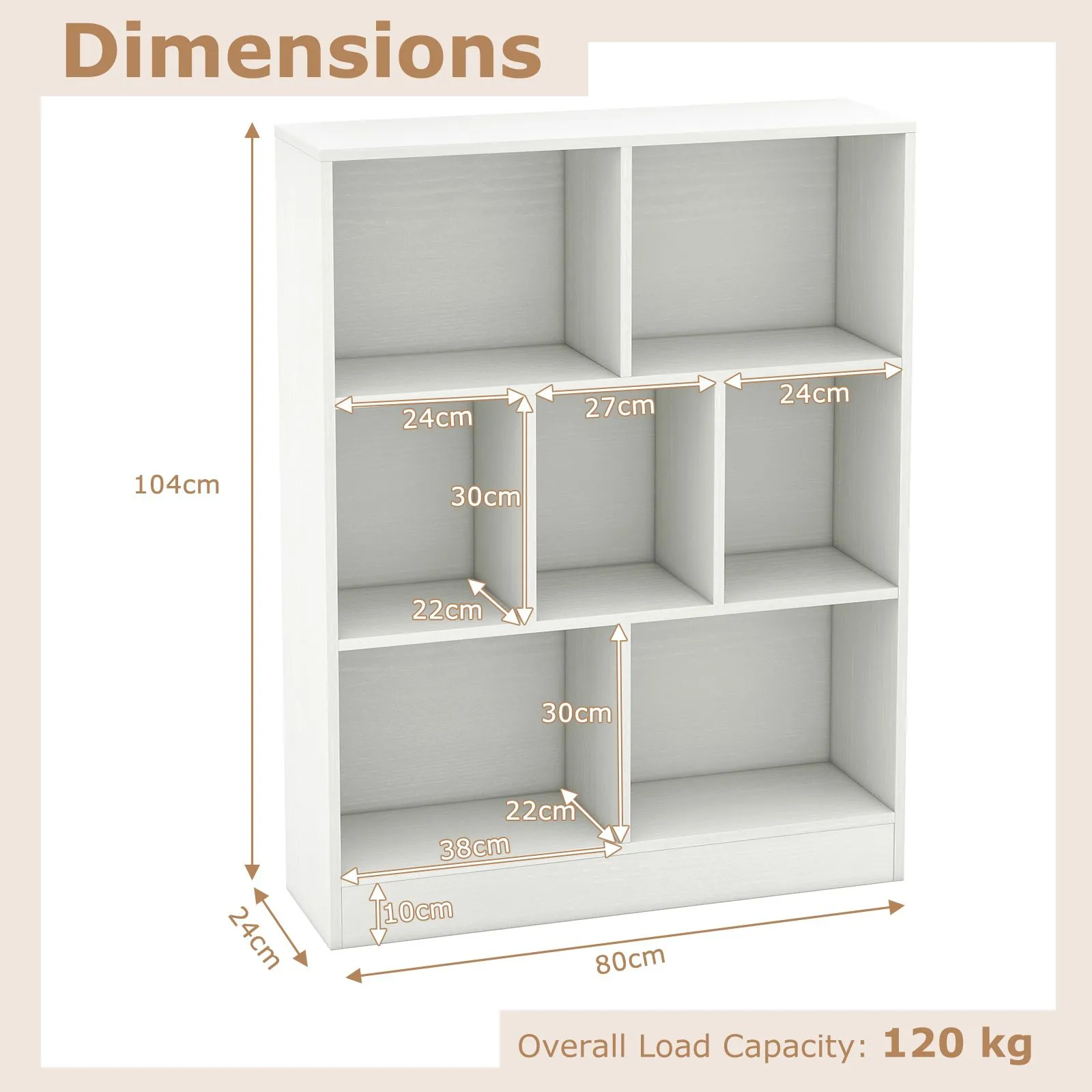 Costway 7-Cube Bookshelf 3-Tier Cubby Storage Organizer Wooden Cube Bookcase in White 2