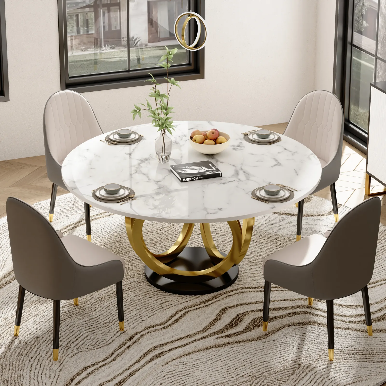 Round Dining Table Sintered Stone Top Gold & Black Pedestal for 6 Person Modern White
