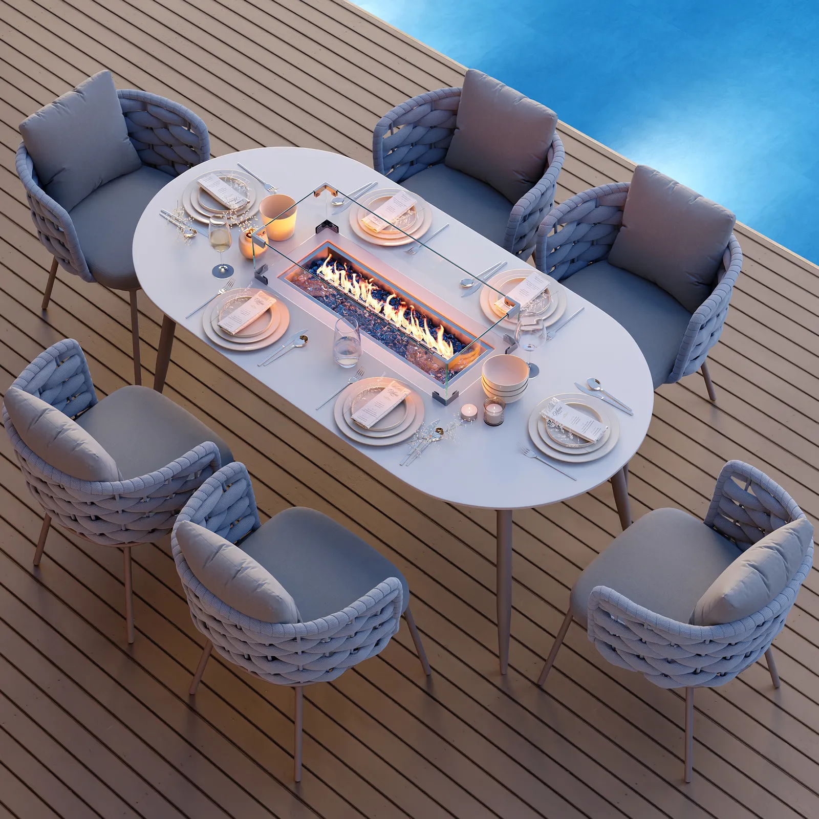 7 PCS Outdoor Propane Fire Pit Table & Rope Woven Armchair Oval Outdoor Dining Set Modern Yard & Ptio Furniture for 6 Person in Gray
