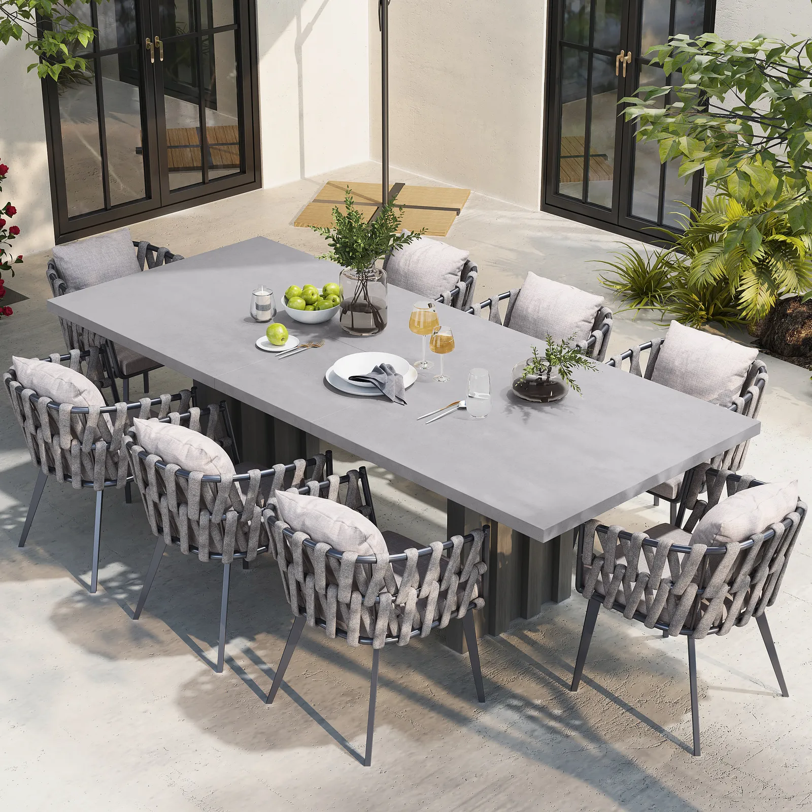 9 Pieces Grey Aluminum Outdoor Patio Dining Set with Extendable Table and Woven Armchair