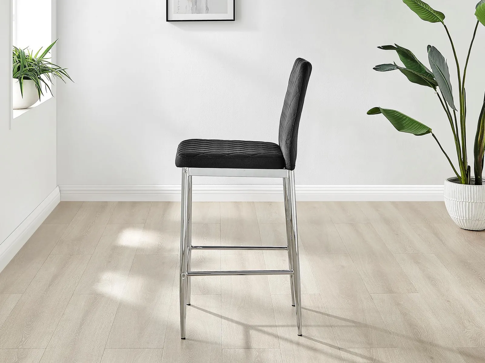 FurnitureboxUK Set of 2 Milan Soft Touch Hatched Velvet Padded Counter Stools With Silver Chrome Metal Legs in Black 4
