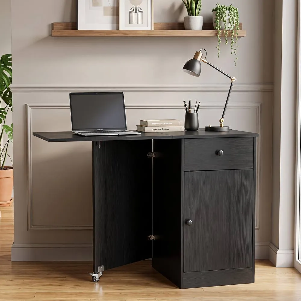 Costway Folding Dining Table Drop Leaf Table w/Drawer in Black 4