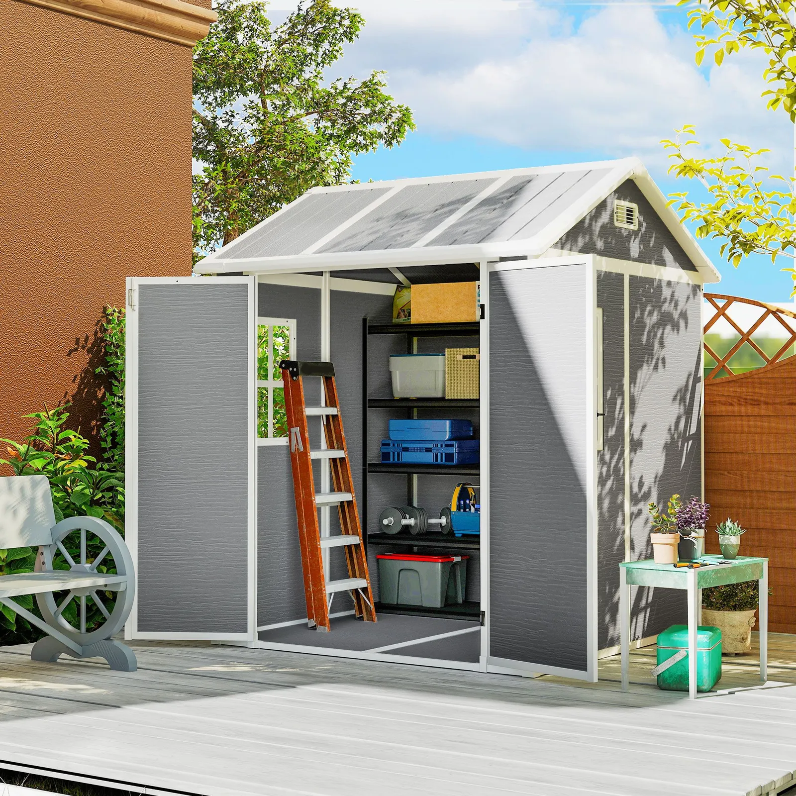 OUTSUNNY 6 x 6ft Plastic Garden Shed with Floor, Window, Vents, Grey