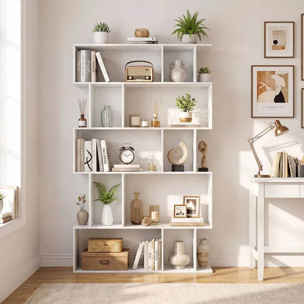 Costway Geometric Bookshelf 5-Tier Bookcase with Open Shelves in White 3