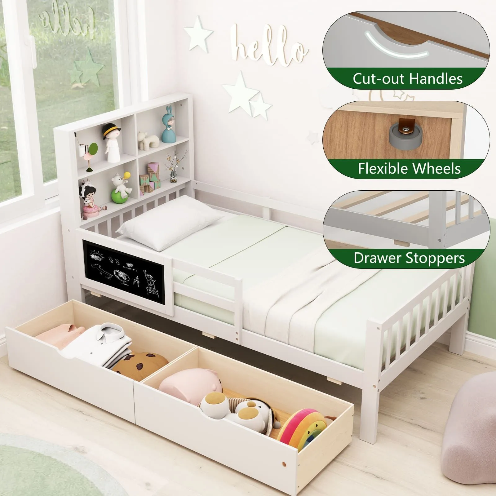 Costway Single Size Bed Frame Solid Wood Platform Bed w/2 Storage Drawers in White 6