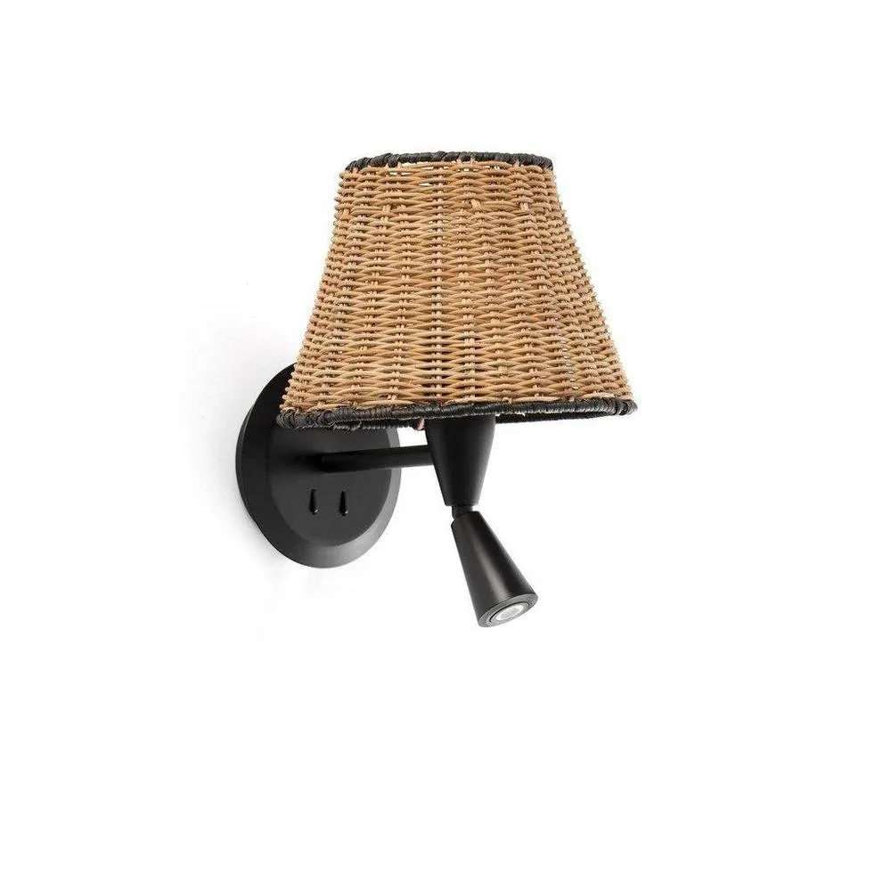 Netlighting Sumba Black Rattan Shade Wall Lamp With Reading Light 3000K