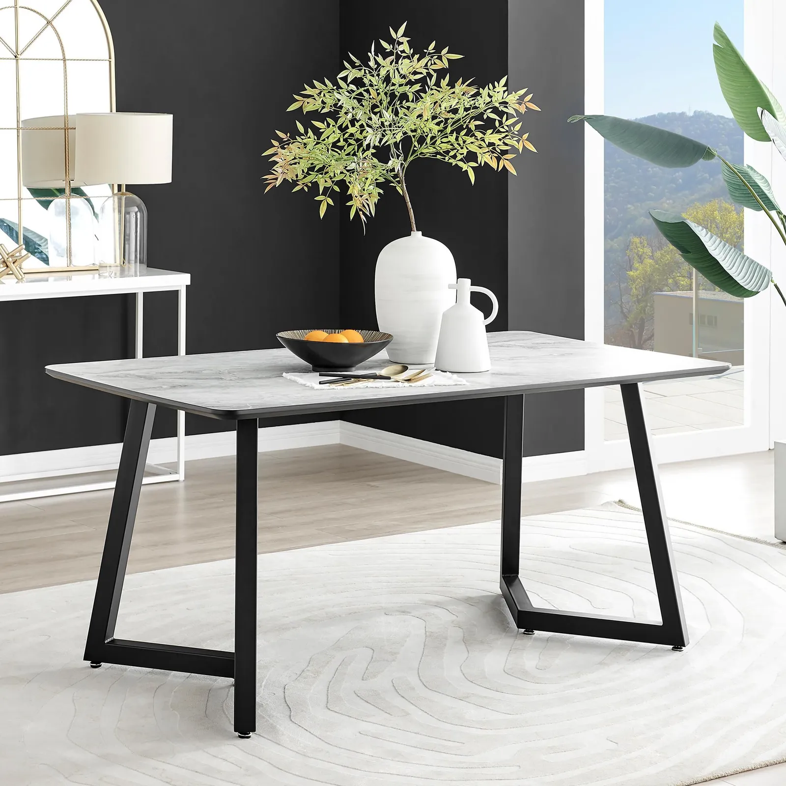 FurnitureboxUK Carson 160cm White Marble Effect Large Dining Table with Black Legs