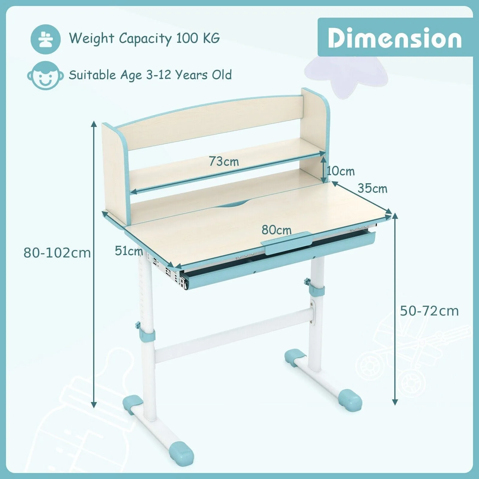 Costway Study Desk Height Adjustable Writing Table w/ Tilt Desktop in Blue 2