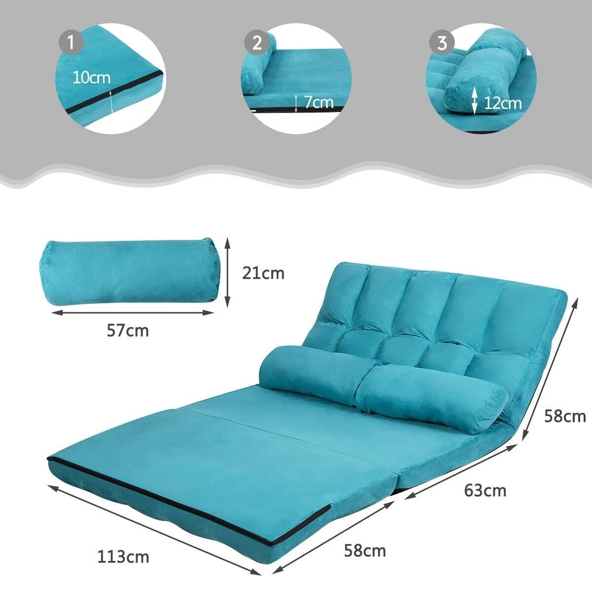 Costway 3 IN 1 Folding Lazy Sofa Bed Floor Sleeper Seat 6-Position Adjustable 2 Pillows in Blue 6