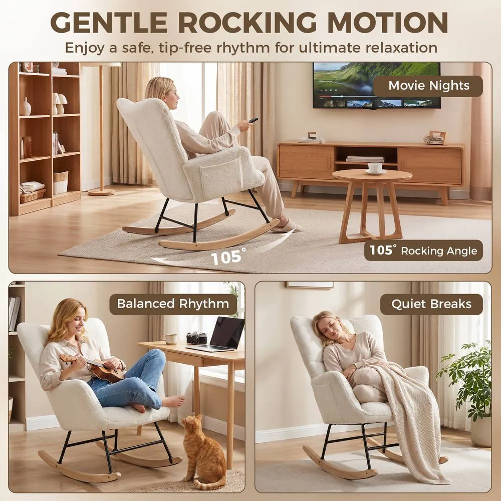 HOMCOM Tufted Rocking Chair with Side Pockets in Cream 4