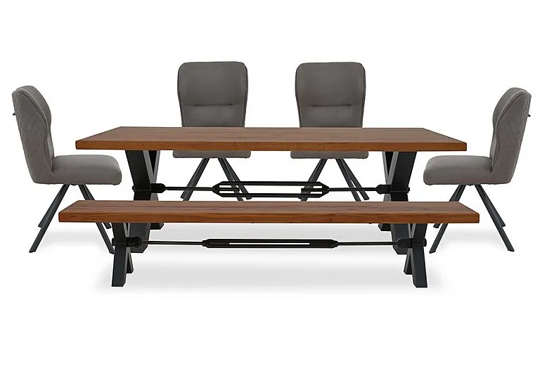 Terra Straight Edge Dining Table with Tension Bolt X-Leg, Bench and 4 Steel Fabric Swivel Chairs - 220-cm - Old Bassano