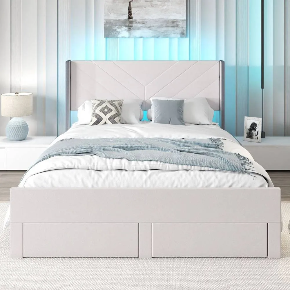 Costway King Size Bed Frame w/LED Lights Dutch Velvet Upholstered Platform Bed in Beige 5