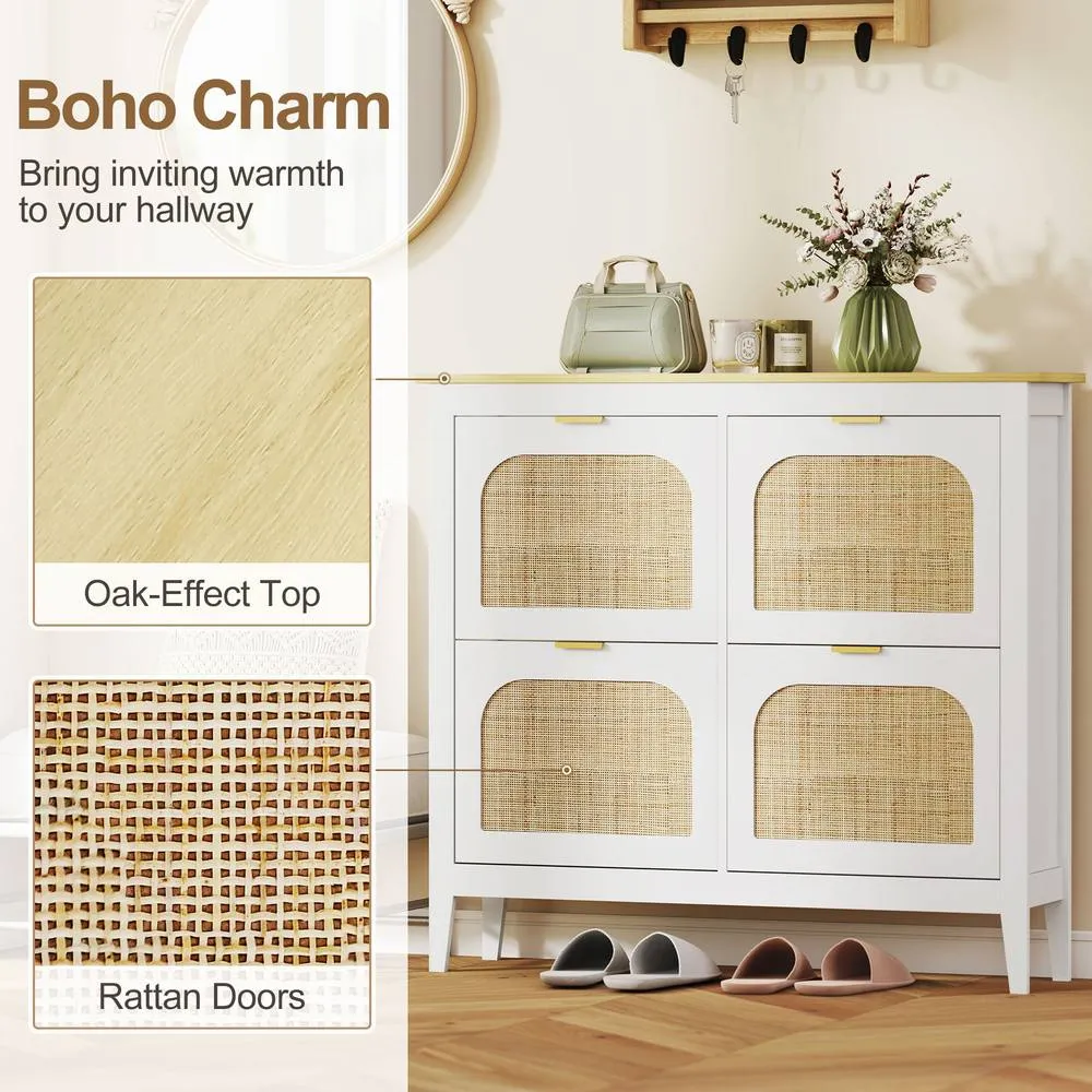 HOMCOM Boho Slim Shoe Cabinet with Rattan Doors, Holds 20 Pairs, White 4